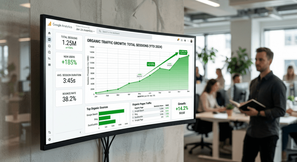 Stijgende analytics grafiek met organische traffic groei op monitor