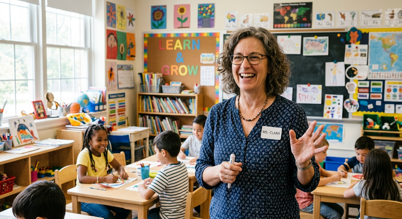 Enthousiaste medewerker praat voor de camera in een kleurrijke werkomgeving