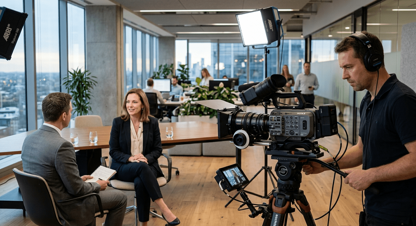 Professionele videocamera filmt een interview in een modern kantoor