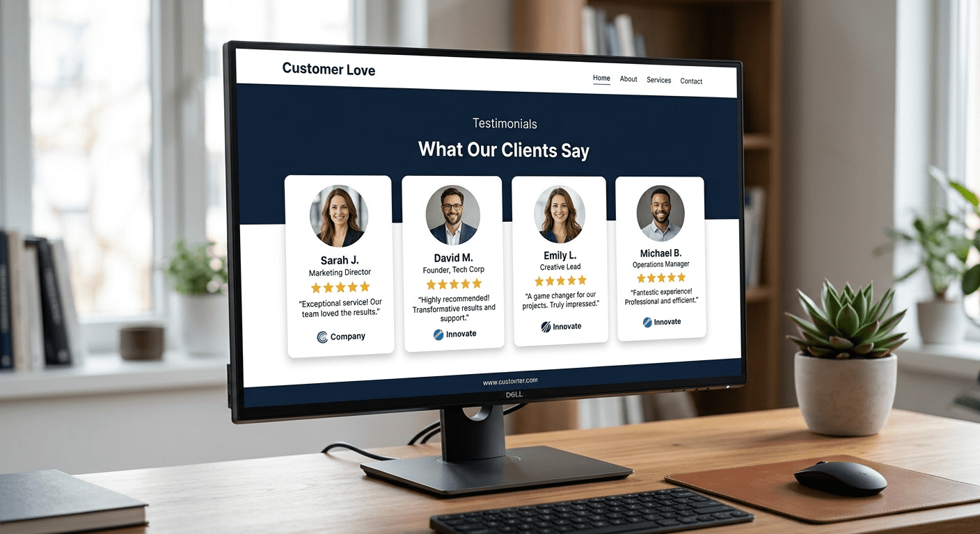 Website testimonials sectie met sterbeoordelingen en klantfoto's