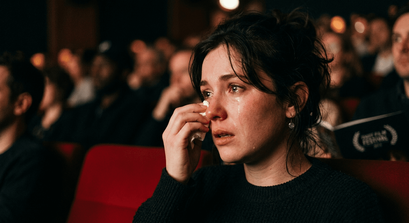 Persoon kijkt geroerd naar een beeldscherm in warme sfeerverlichting