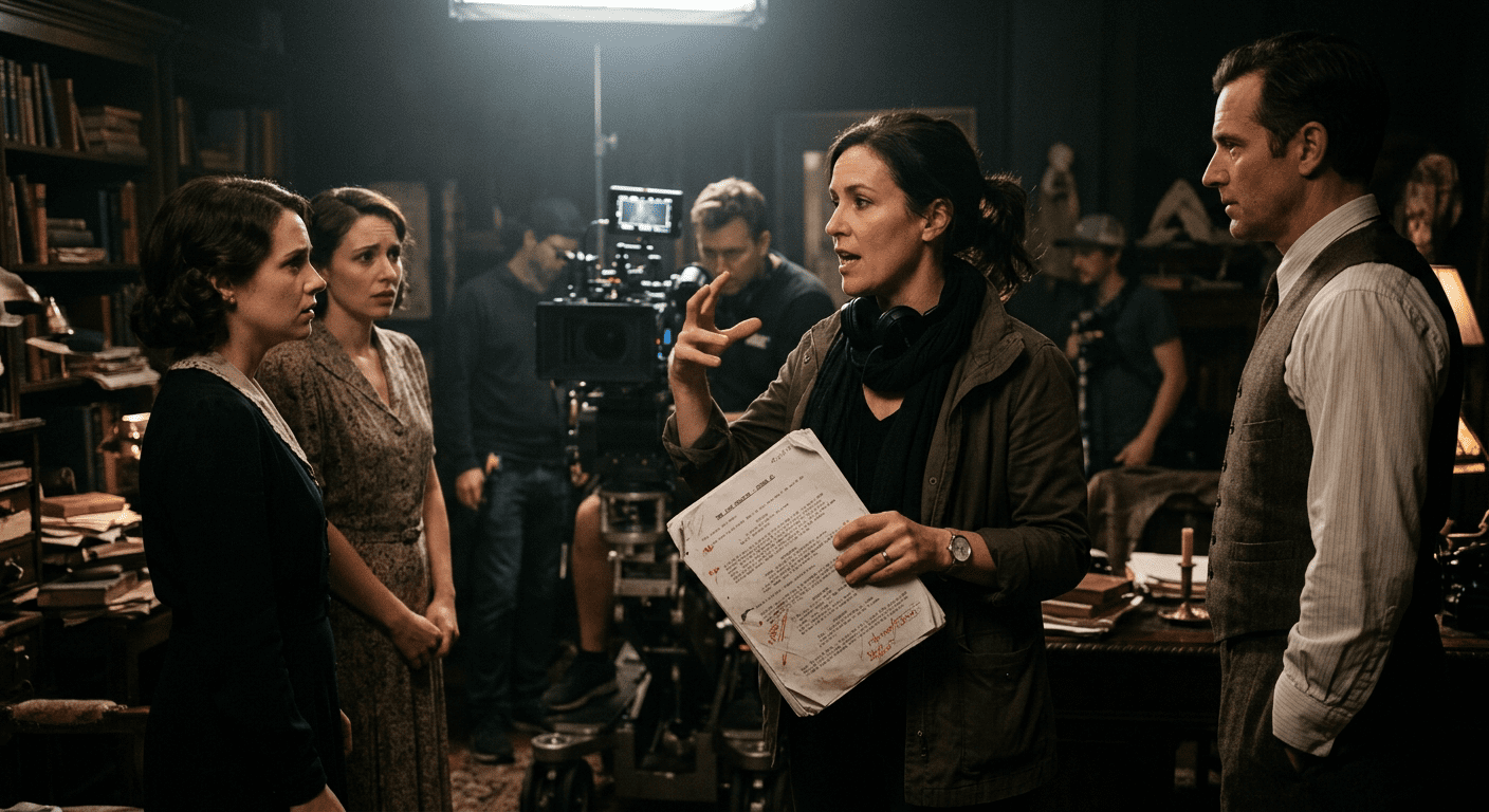 Filmmaker met script geeft aanwijzingen op een professionele filmset