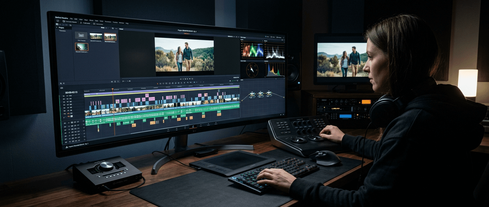 Professionele video editing timeline op een ultrawide monitor in een donkere edit suite