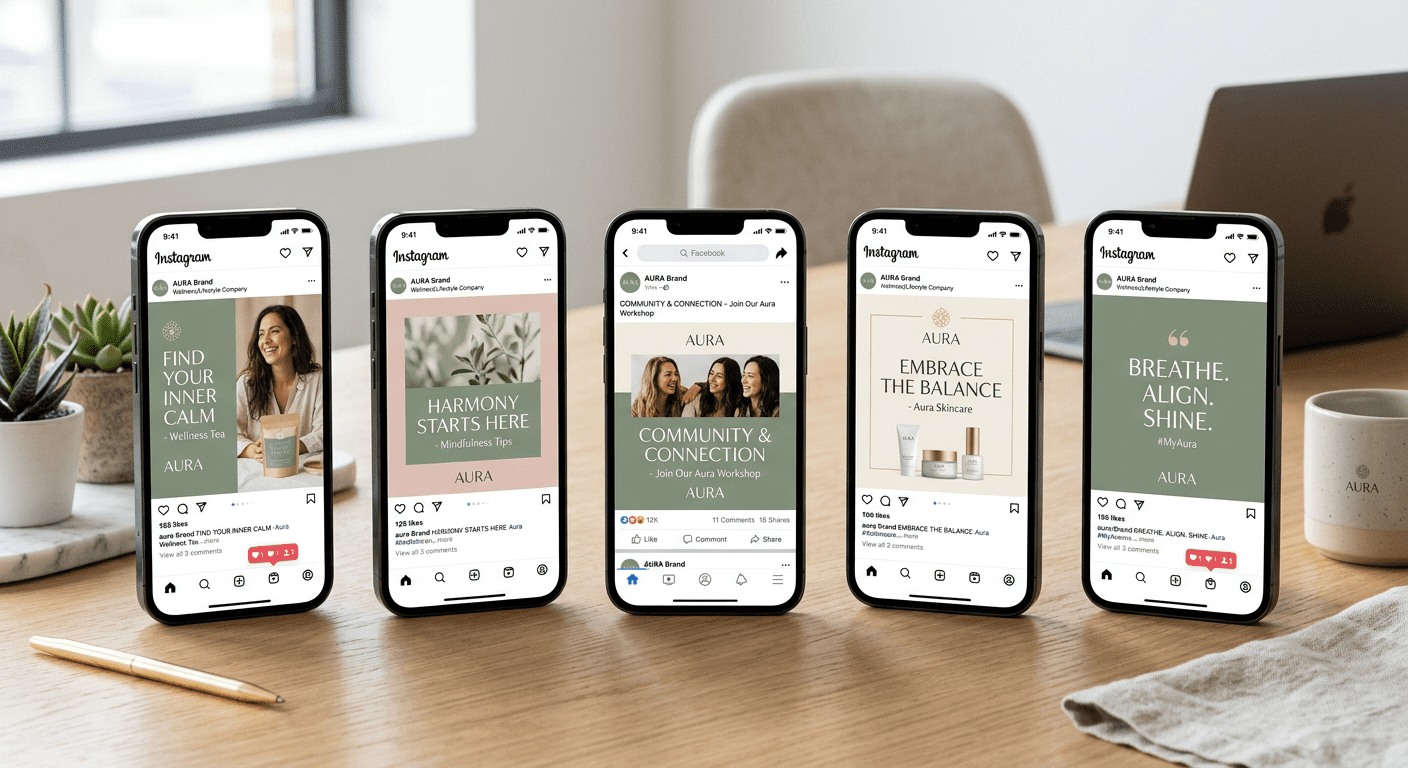 Consistente branding op meerdere telefoonschermen met social media posts