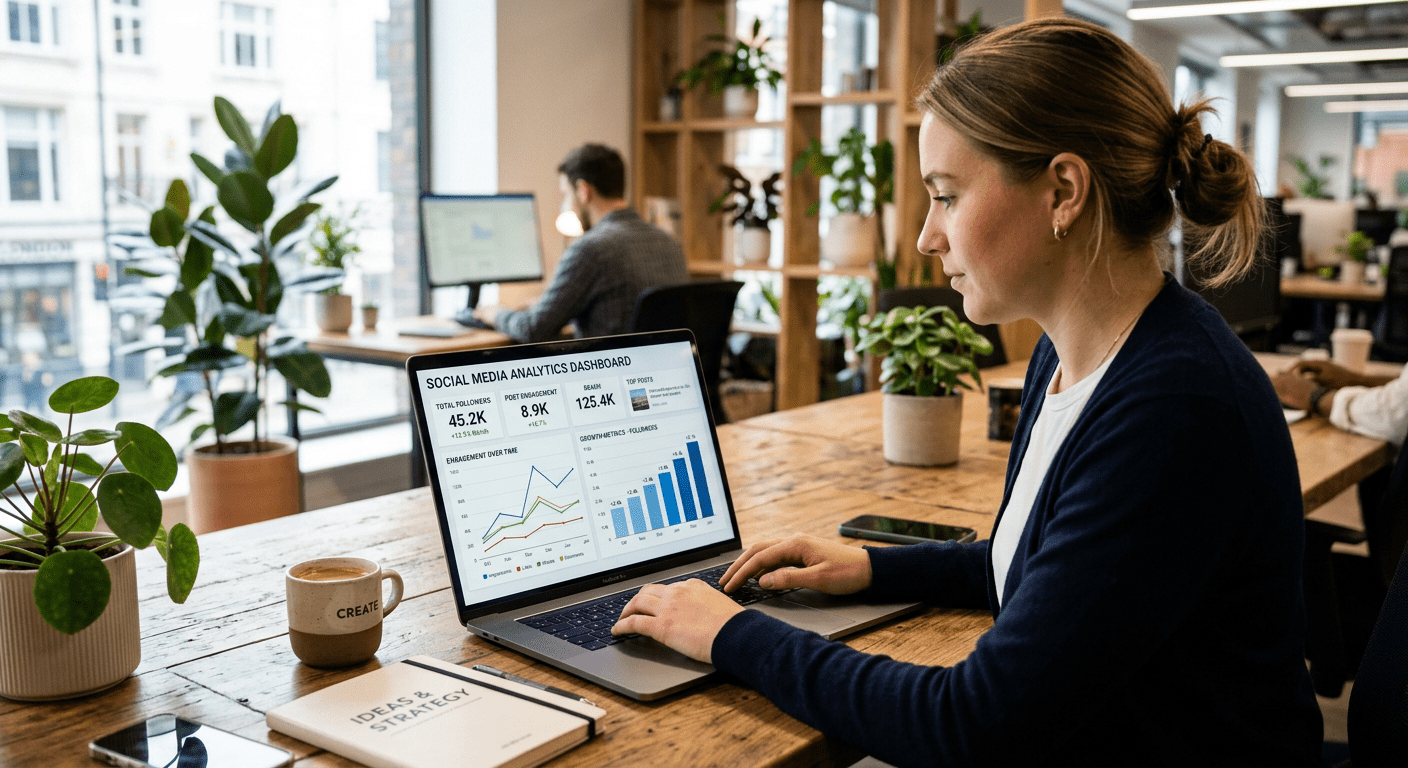 Social media analytics dashboard op laptop met engagement grafieken