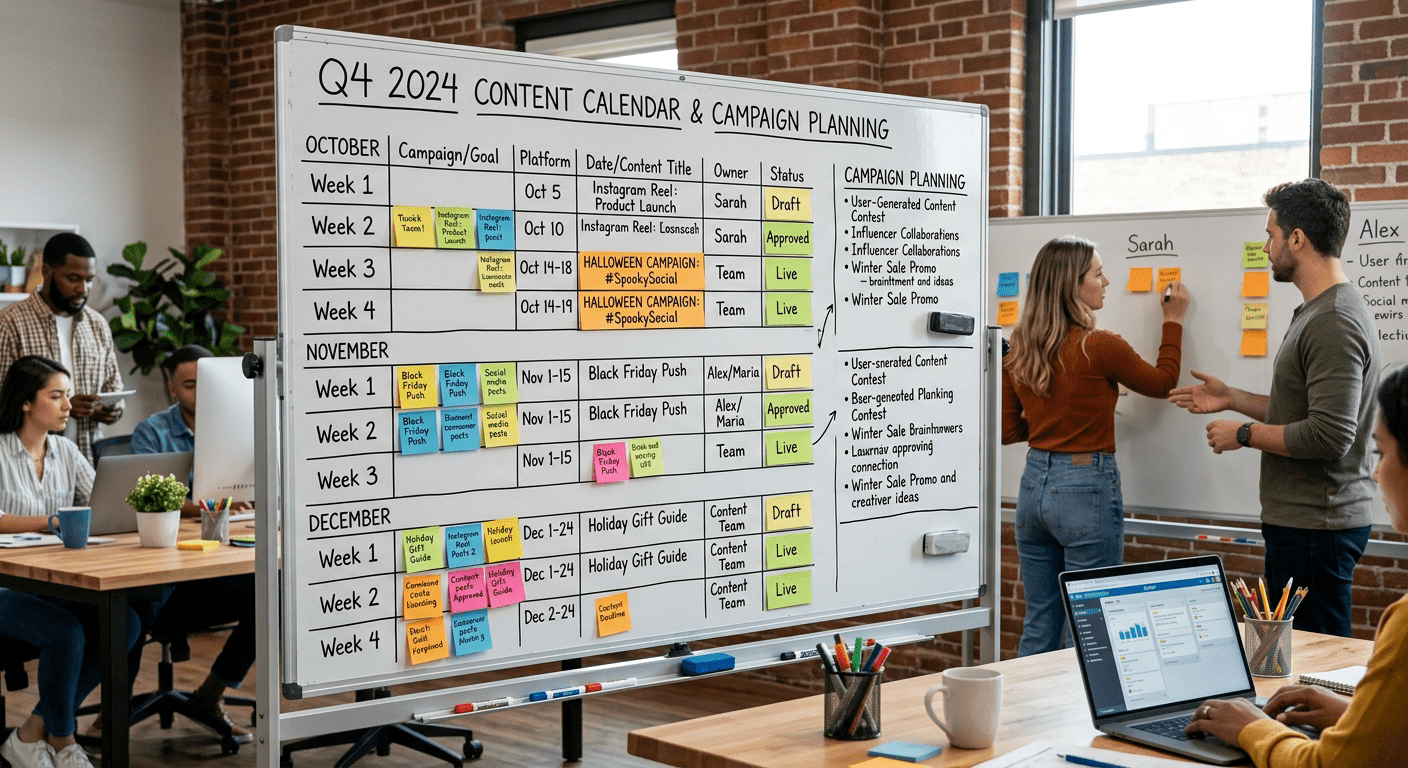 Content kalender op whiteboard met sticky notes en campagneplanning
