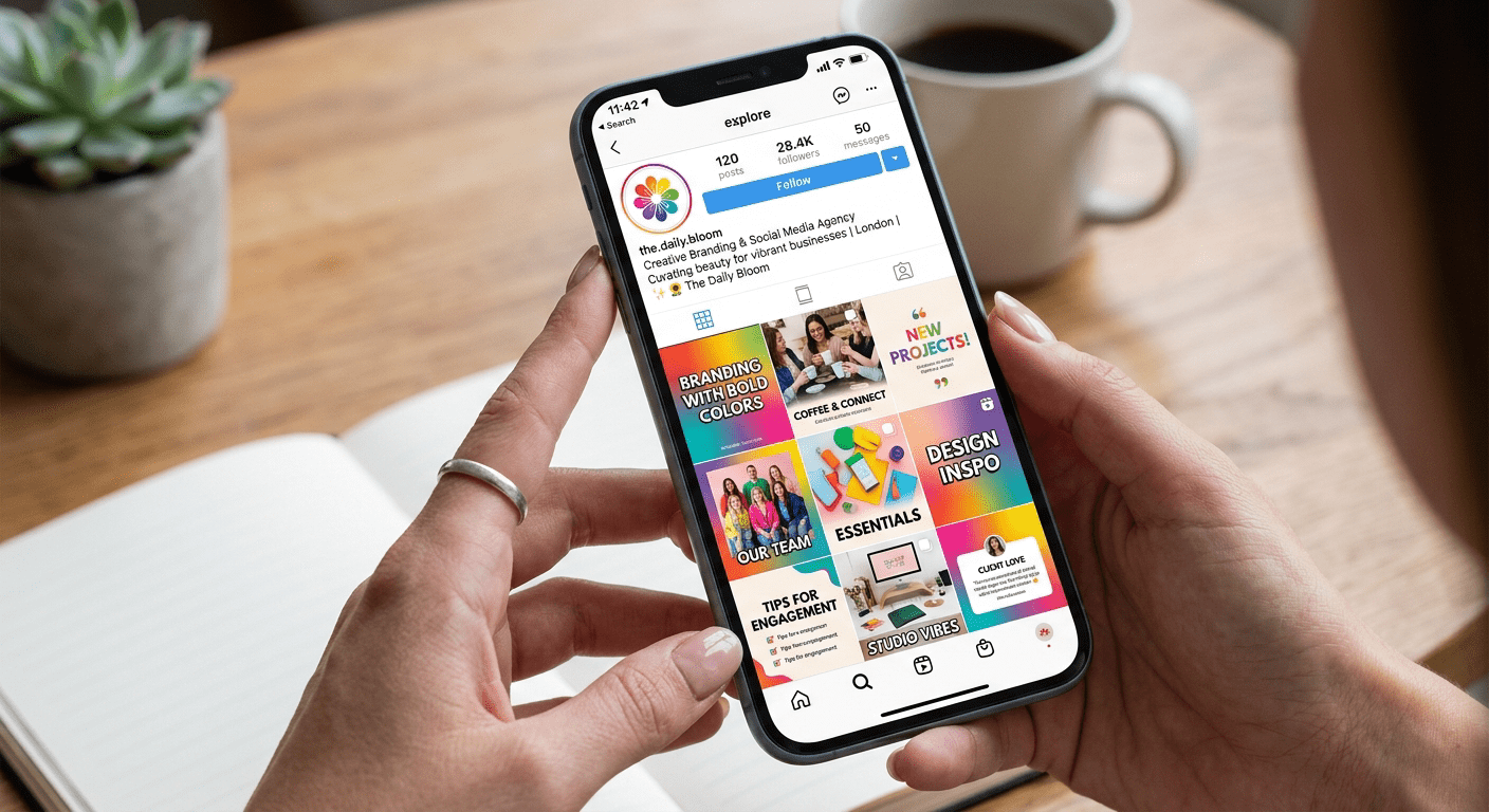 Social media content grid op telefoonscherm met professionele branded posts