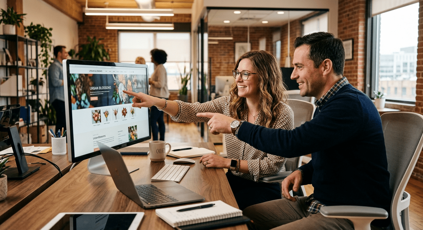 Webdesigner en klant werken samen aan een website ontwerp