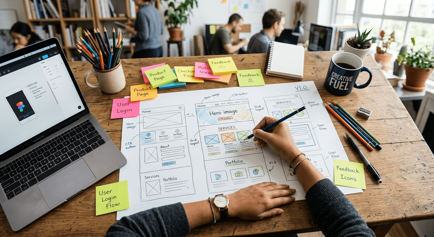 UX designer schetst wireframes voor een nieuwe website
