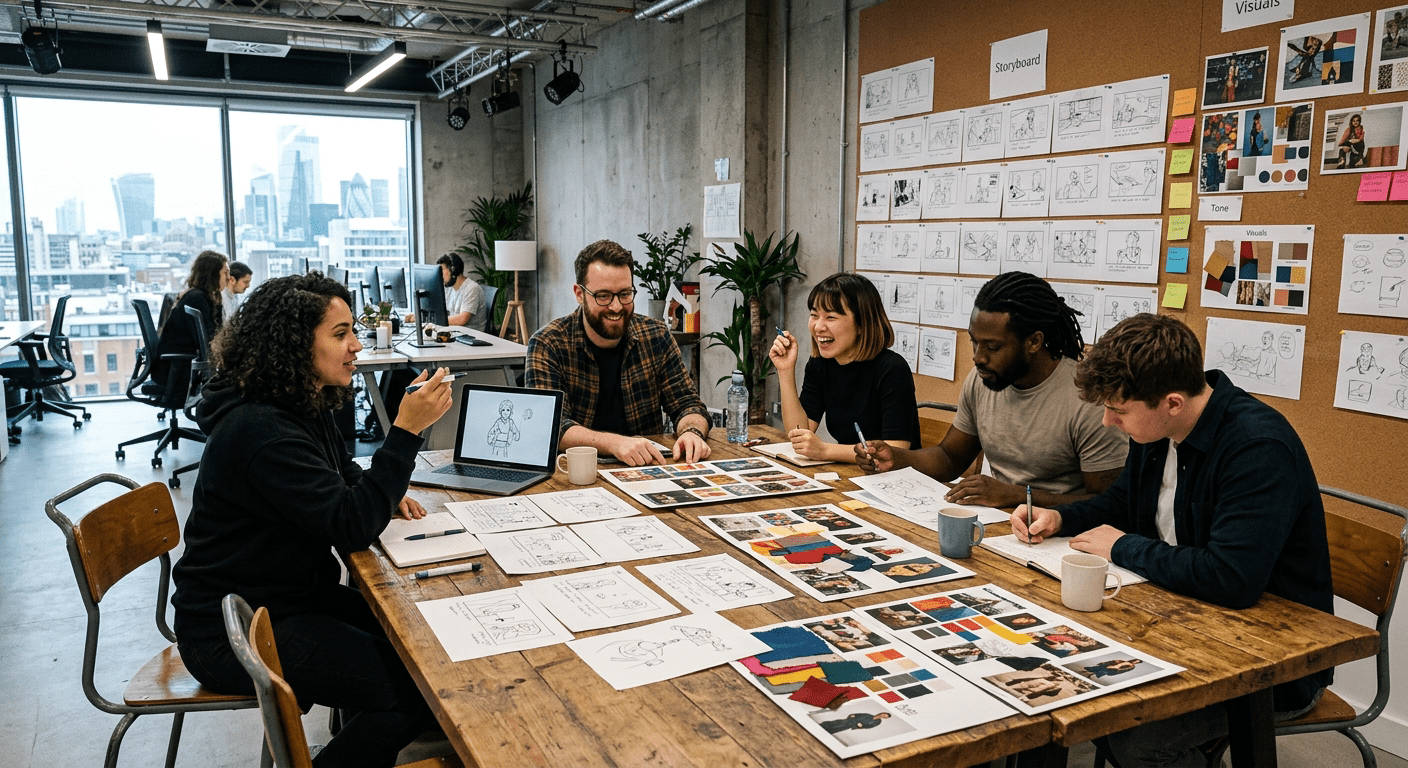 Creatief team brainstormt over storyboard en moodboards