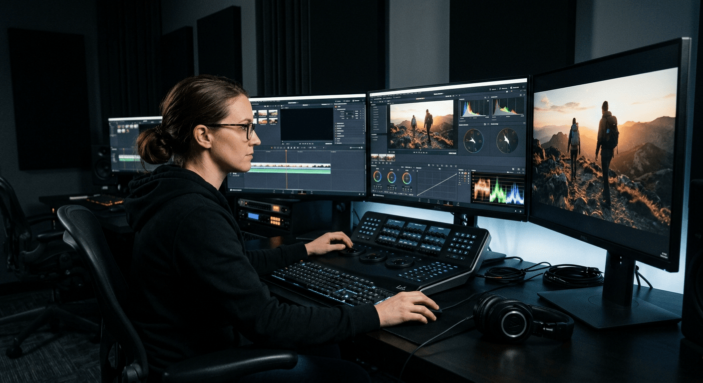 Video editor werkt aan kleurgrading in professionele editing suite