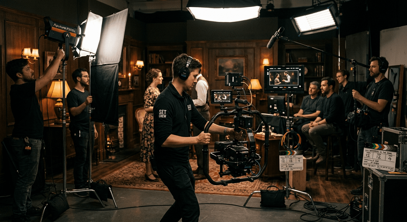 Professioneel filmteam op set met camera en belichting