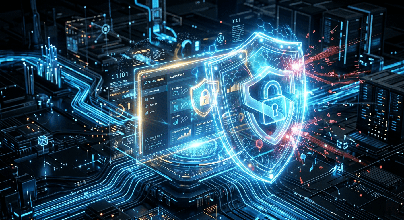 Digitale beveiliging concept met schild dat een website beschermt