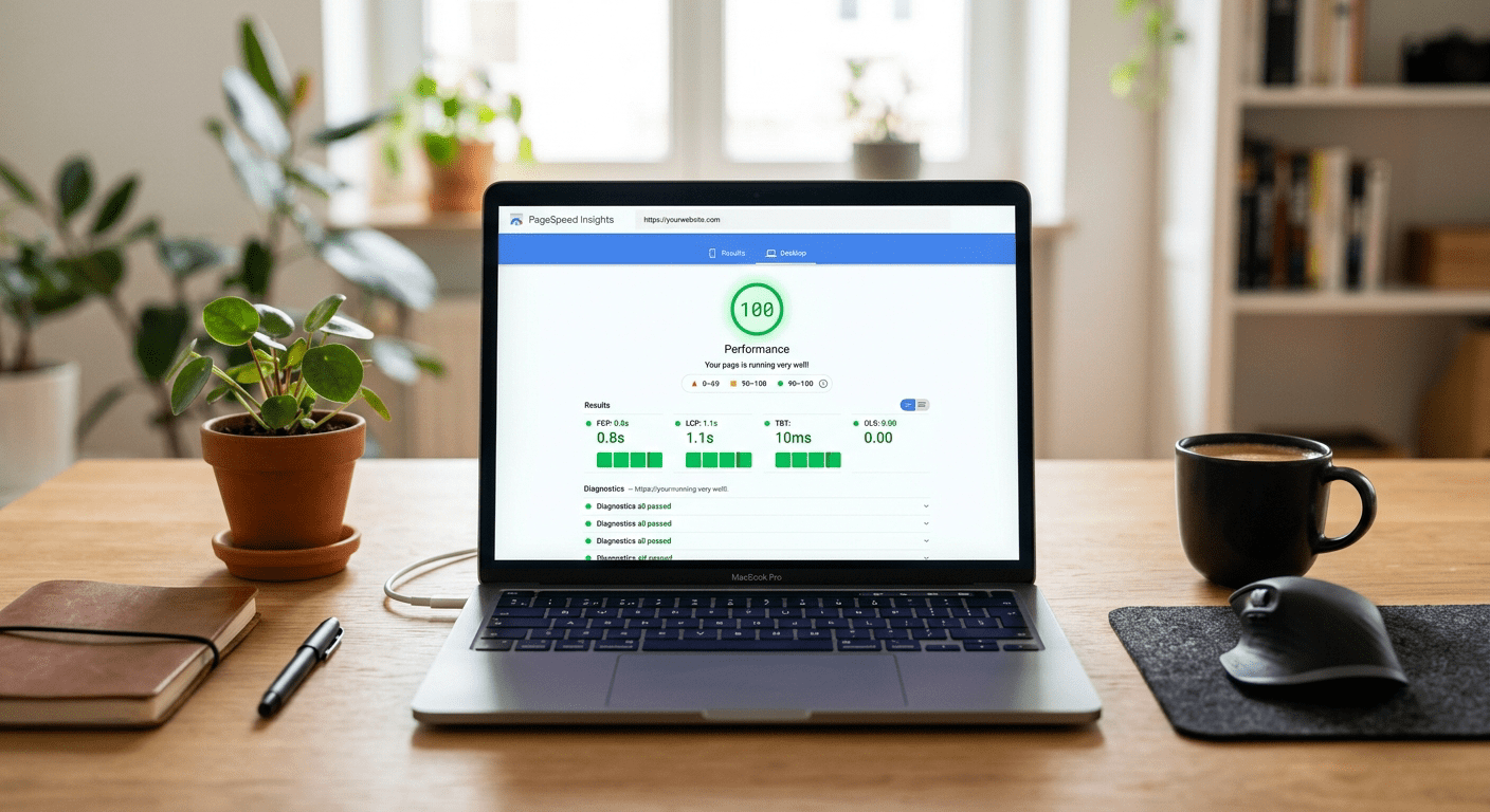 Website snelheidstest met perfecte score op laptopscherm