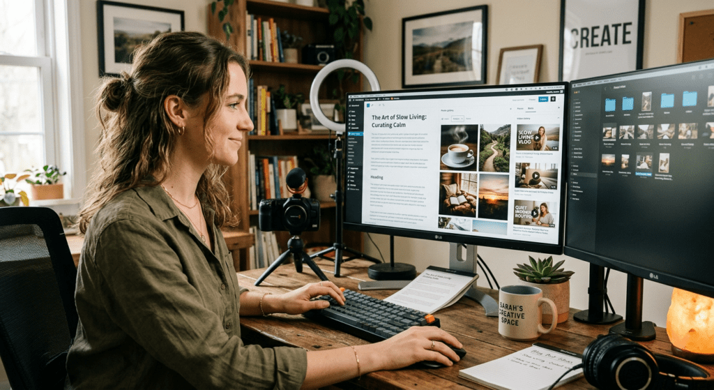 Content creator werkt aan blogartikel met professionele foto's en video op scherm