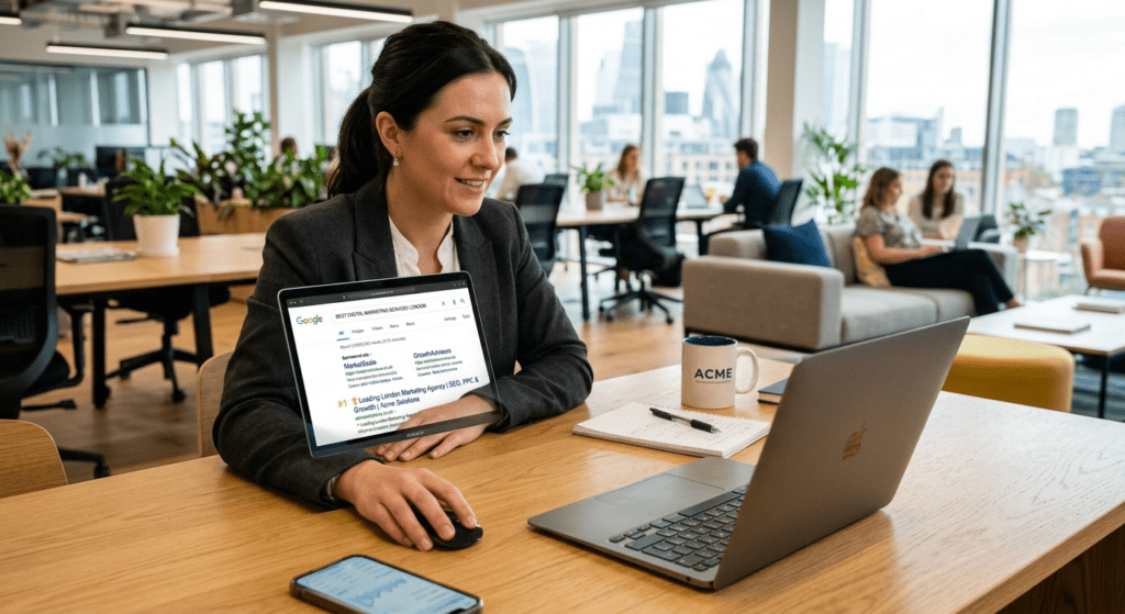 Google zoekresultaten met nummer 1 positie en SEO analytics op laptopscherm