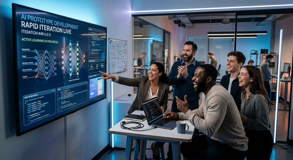 Business team bekijkt enthousiast AI prototype ontwikkeling op groot scherm