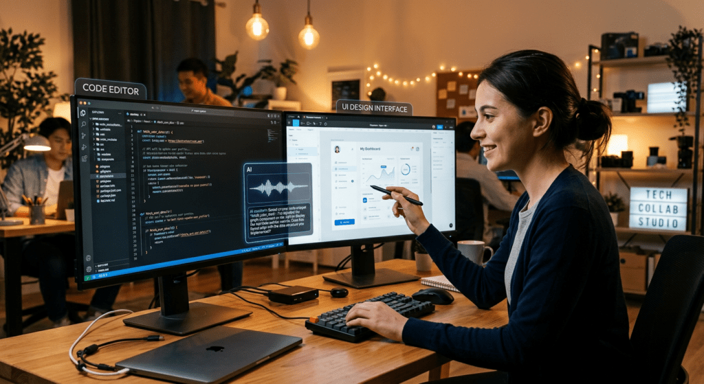 Samenwerking tussen persoon en AI interface met code en design naast elkaar